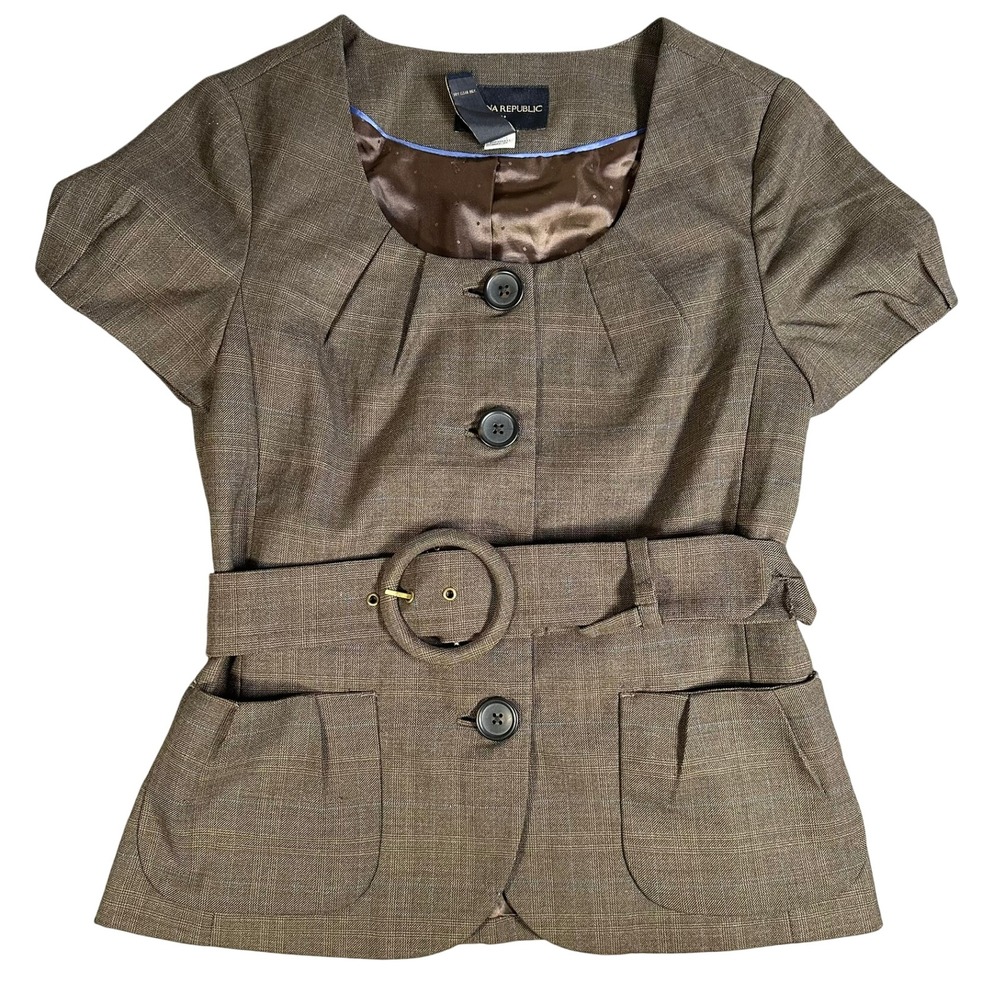 Banana Republic Brown Plaid Short Sleeve Belted Blazer Top Wool Blend Size 2